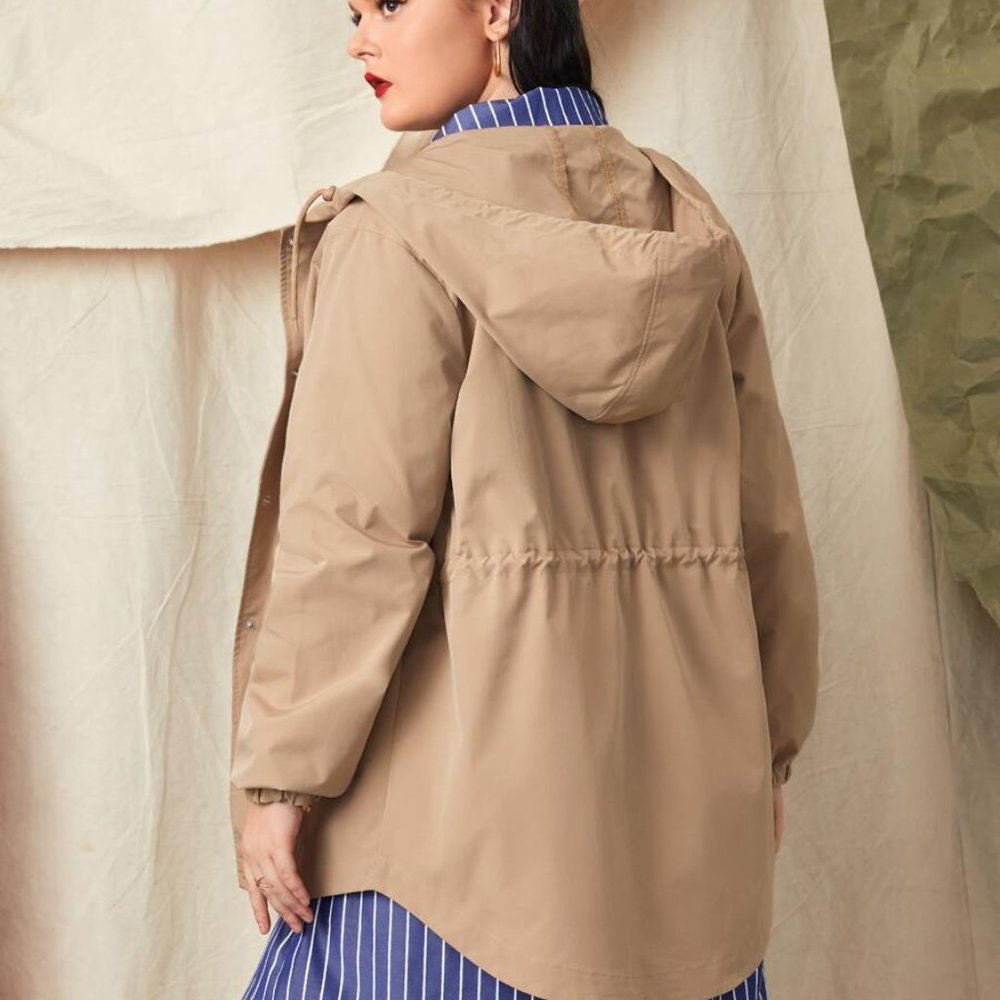 Snap Button Front Drawstring Hooded Coat - Picture 3 of 5